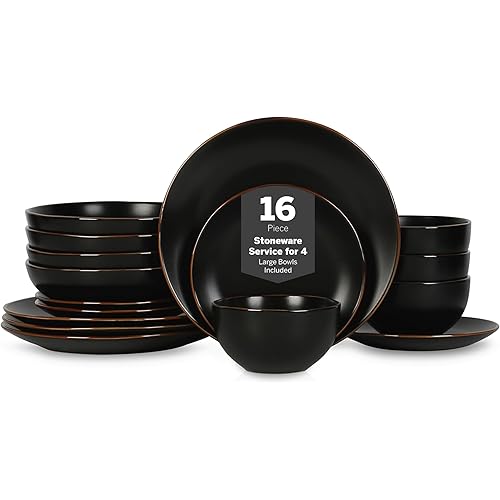 Stone Lain Brasa Modern Stoneware 16 Piece Dinnerware Sets, Plates and bowls Sets, Dish Set for 4, Black