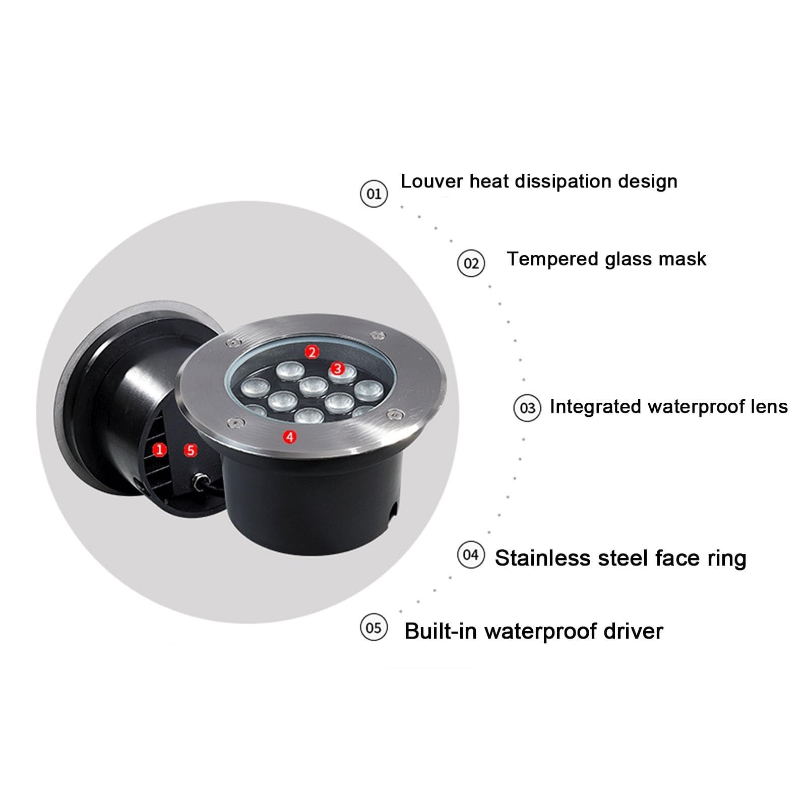 Wodoodporna lampa krajobrazowa LED 18 W, okrągła lampa ze stali nierdzewnej, IP67, na trawnik, oświetlenie zewnętrzne niskiego napięcia, AC85-265 V, do ogrodu, na podjazd, taras, oświetlenie