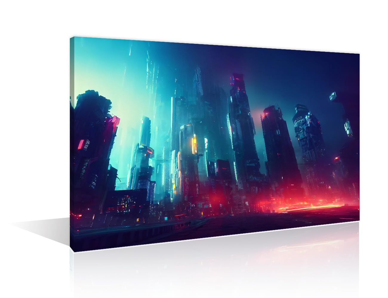 TISHIRON Cyberpunk City Pictures Office Decor 1 Pieces Cyberpunk Neon City Night Wall Decor for Living Room Fantastic City of the Future Modern Artwork Framed Ready to Hang (24" Wx36 H) — image 1