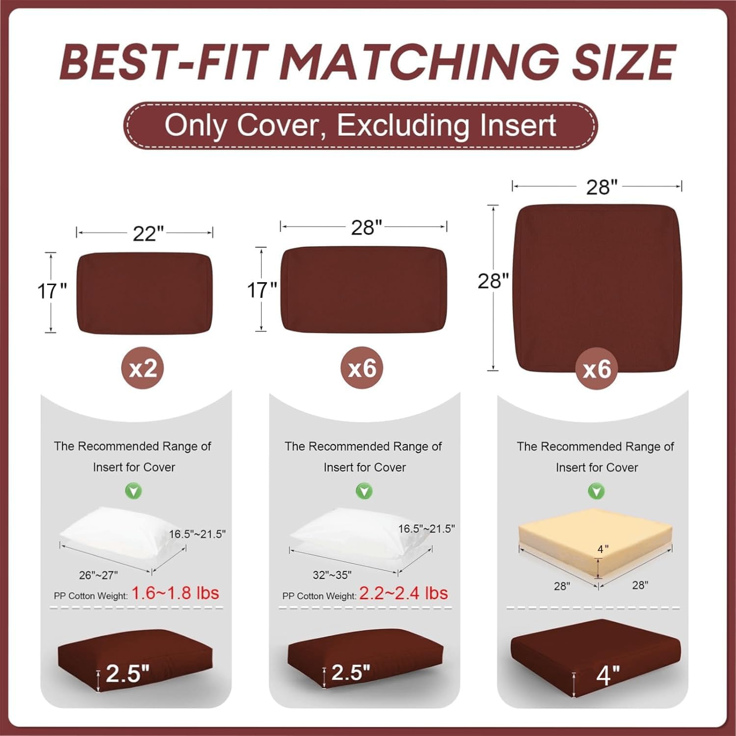 FINCATI 14-Piece Outdoor Patio Cushion Covers Replacement with Zipper, Deep Seated Outdoor Sectional Sofa Replacement Slipcovers for Backyard Furniture Sets Only Cover 28"x28", Red
