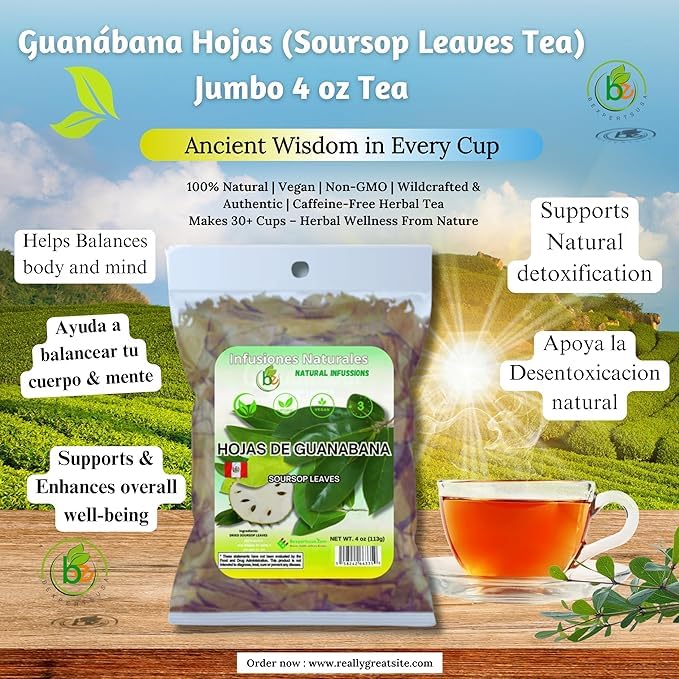 Miniatura 3 de Hojas de Guanábana (hojas de guanábana)  Paquete de 2 (bolsas de 4 onzas) 100% natural  Vegano  Té de hierbas para infusión  Incluye infusorincluye