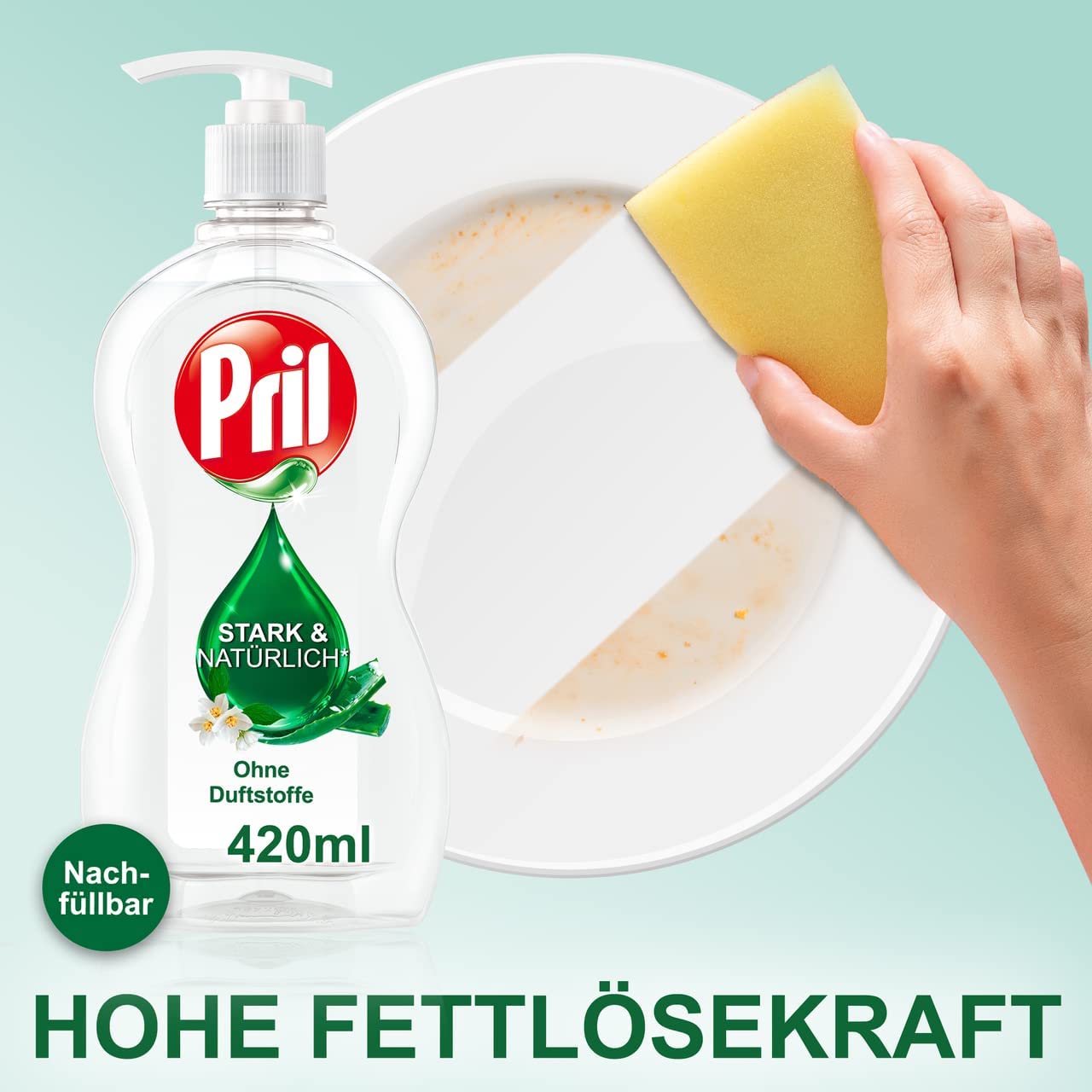 Pril Stark & Natürlich Lot de 3 bouteilles de liquide vaisselle sensible sans parfum (3 x 420 ml) avec un fort pouvoir dégraissant, dans un flacon pompe rechargeable, certifié Blauer Engel