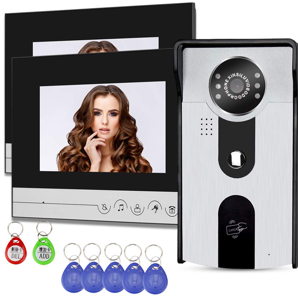 Videocitofono RFID 7 '' TFT Color IR Telecamera da Esterno CMOS con Campanello in Metallo Impermeabile Monitor 700TVL + 5pcs ID utente Telecomando per Casa (2 Monitor della 1 Fotocamera)