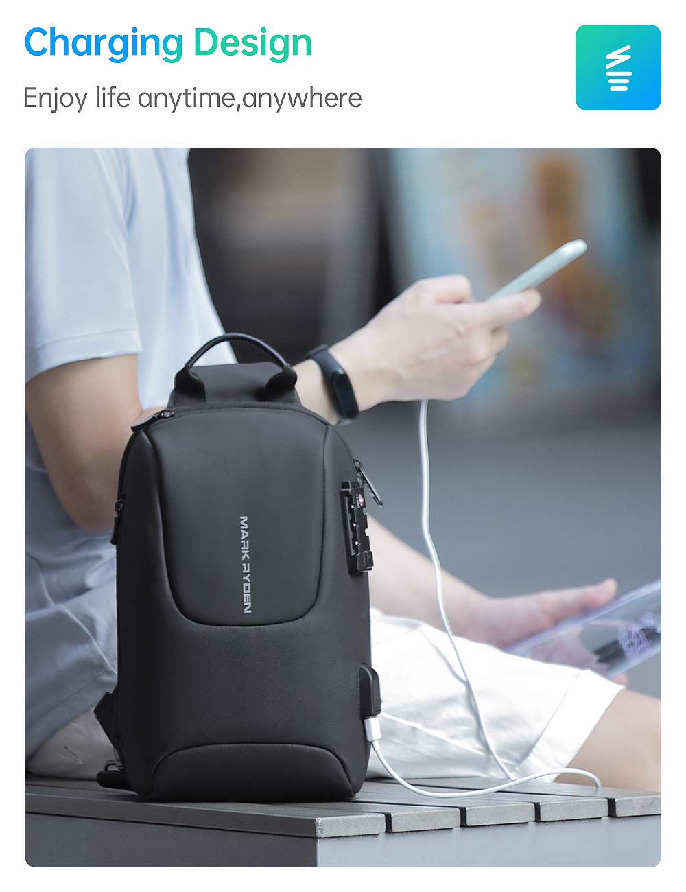 Mark Ryden Bolso Bandolera Antirrobo para Hombre, Bolsos Cruzados con Puerto de Carga USB,Bolso de Pecho Impermeable para Viajes, Trabajo, Escolar, Negocios-negro