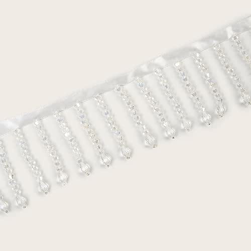 1 Yard Glass Beaded Fringe Trim White Crystal Drop Tassel