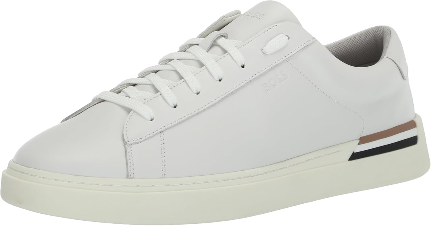 BOSS Men's Clint Leather Cupsole Sneaker, Blank White, 8