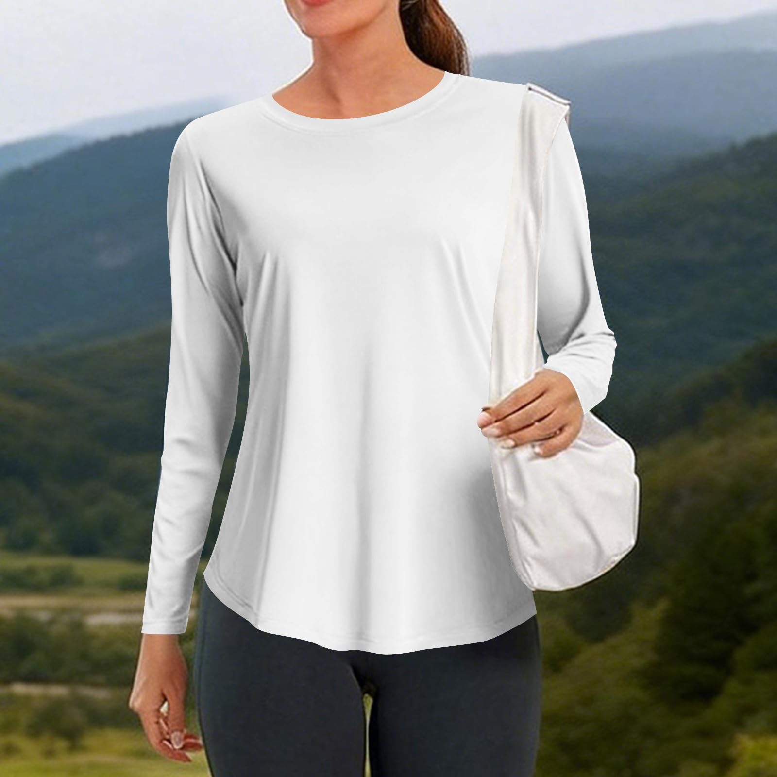 Sportshirt für Damen, langärmelig, schnelltrocknend, atmungsaktiv, Sonnenschutz, Fitness, Fitnessstudio, Workout, Performance-T-Shirt, leicht, Rundhalsausschnitt, einfarbig, Wandern, Yoga, Outdoor