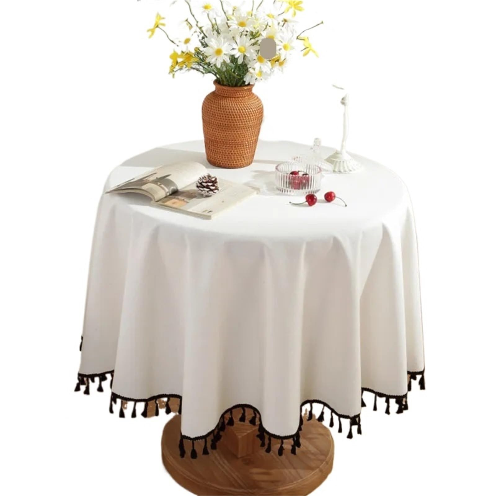 ZNTIHZ Cotton Linen Bedside Table Cover Round Tablecloth Solid Thickened Dining Cloth For Tea For Furniture Dresser(White B,Diameter 150cm)