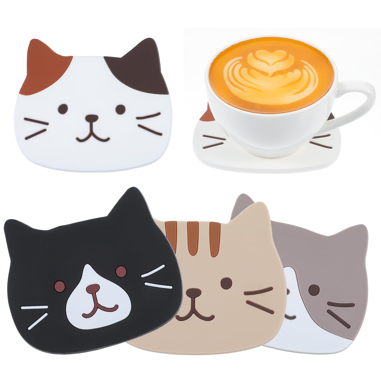 4 posavasos divertidos de gato para bebidas, lindo portavasos de gato, posavasos pequeños de silicona para decoración de mesa de café, comedor, almohadillas calientes antideslizantes para bebidas, té