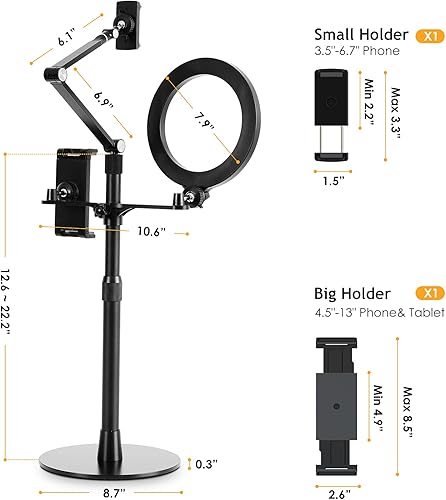 Miniatura 4 de Soporte para tablet con anillo para selfie, LED de 8 pulgadas, 3 en 1, soporte para teléfono y tableta de 4.5 a 13 pulgadas, brazo largo ajustable,
