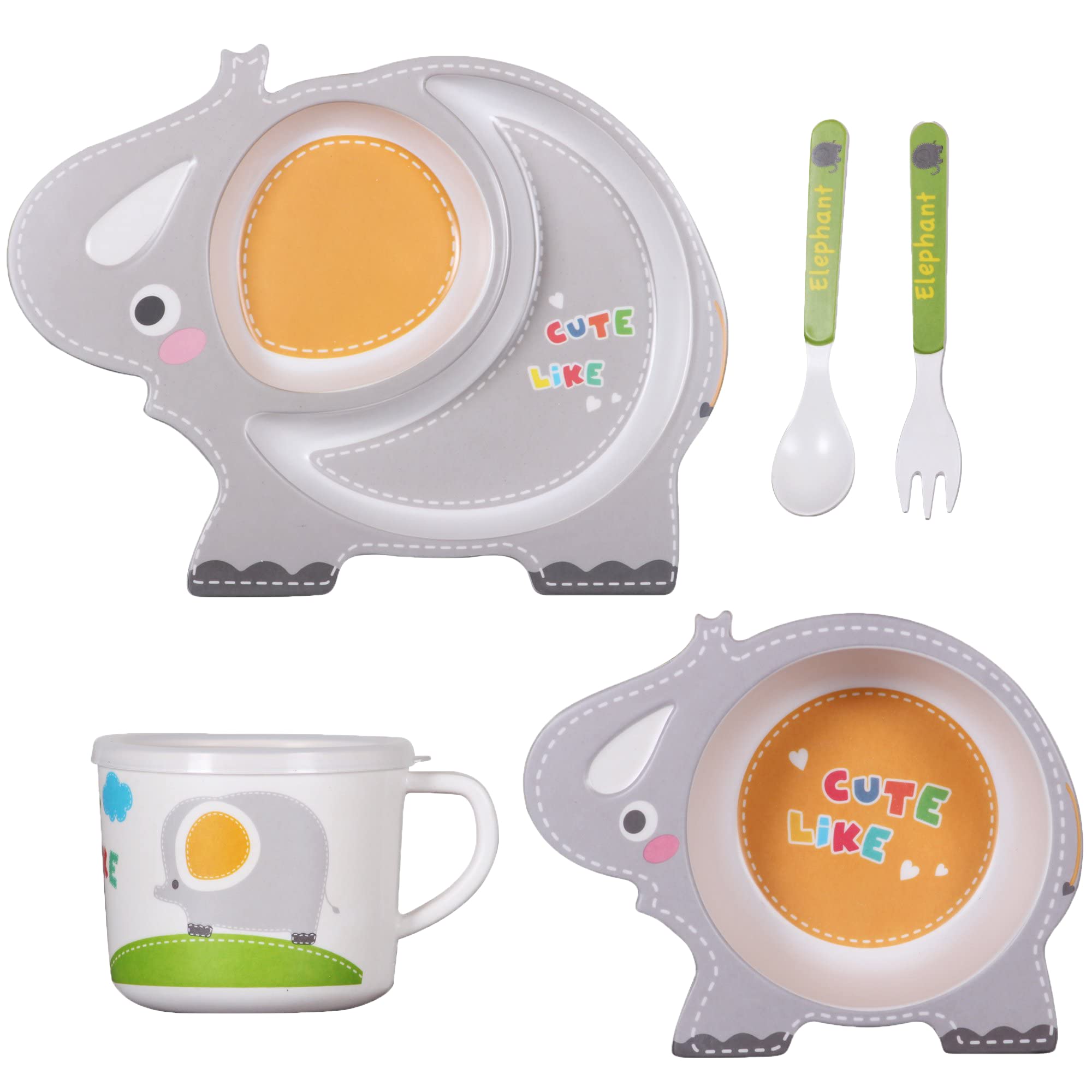 POLKA TOTS Eco Friendly Bamboo Fiber Dinner Set, 5 Pcs Tableware Crockery Set for Weaning Toddler & Self Feeding Baby Utensil Set for Baby Kids (Cute Like Elephant)