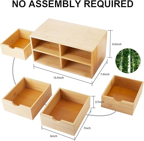 Miniatura 3 de Organizador de escritorio de bambú con 4 cajones, organizador de encimera con cajones, cajón de almacenamiento de maquillaje, 4 cajones, caja de