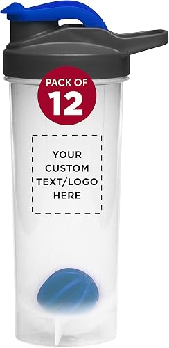DISCOUNT PROMOS Custom Plastic Shaker Bottles with Mixer 24 oz. Set of 12, Personalized Bulk Pack - Perfect for Protein Shake, Smoothie and More! - Reflex Blue