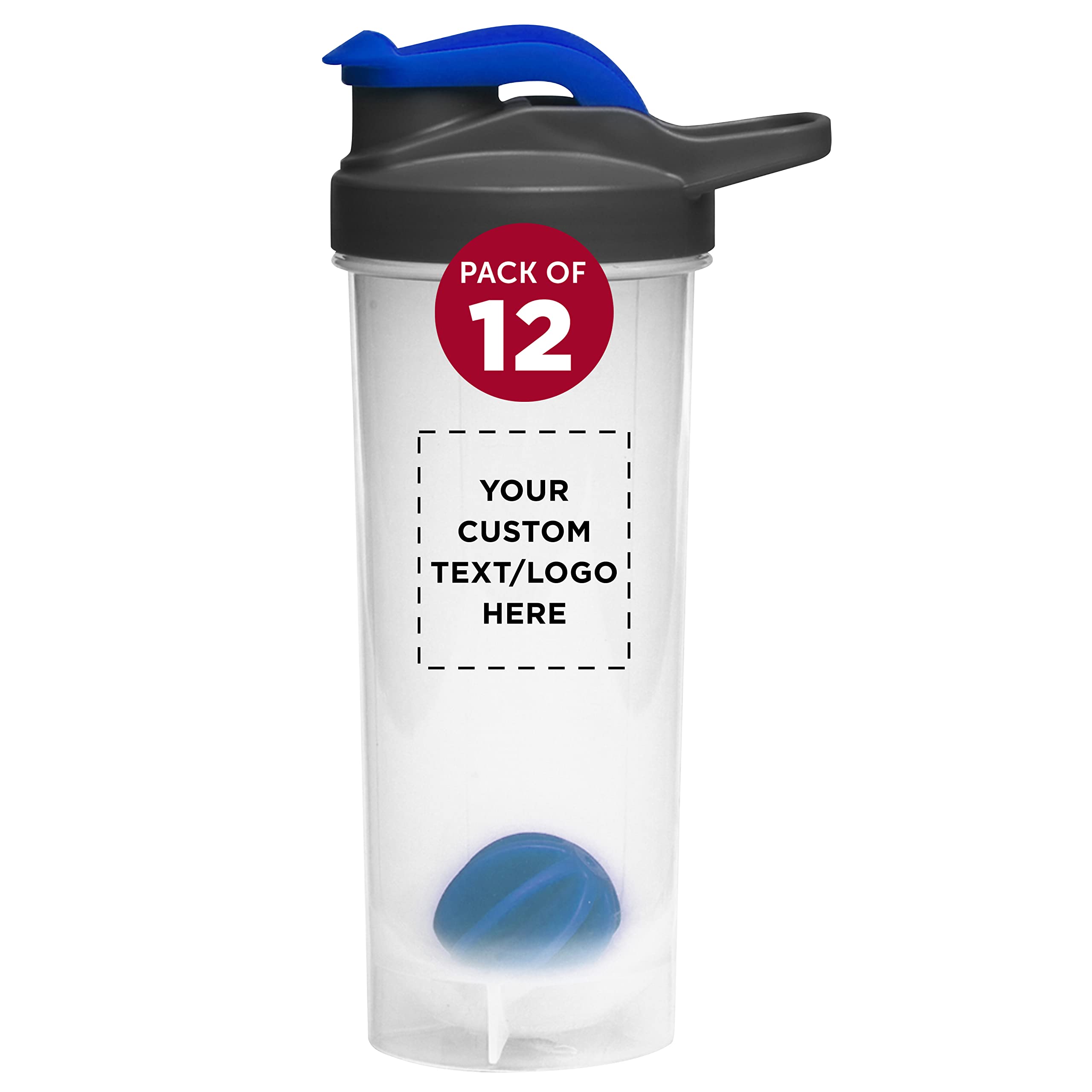 DISCOUNT PROMOS Custom Plastic Shaker Bottles with Mixer 24 oz. Set of 12, Personalized Bulk Pack - Perfect for Protein Shake, Smoothie and More! - Reflex Blue