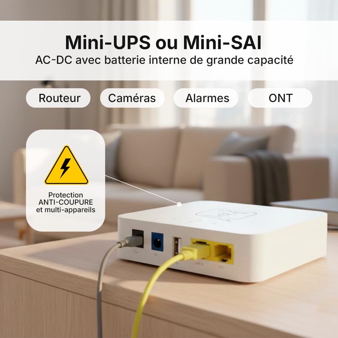 Mini-onduleur ou Mini SAI AC-DC | Batterie Interne Haute capacité | Sorties 5V + 9V + 12V et PoE | Protection Contre Les coupures de Courant et Les surcharges | Routeurs et appareils, 8800 mAh