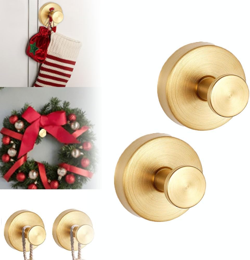 Suction Cup Hooks for Wreaths on Glass, 2025 New No Drill Suction Cup Hooks for Shower, Wreath Hanger for Front Door, Metal Towel Hooks for Window Bathroom Mirrors (Gold, 2pcs)