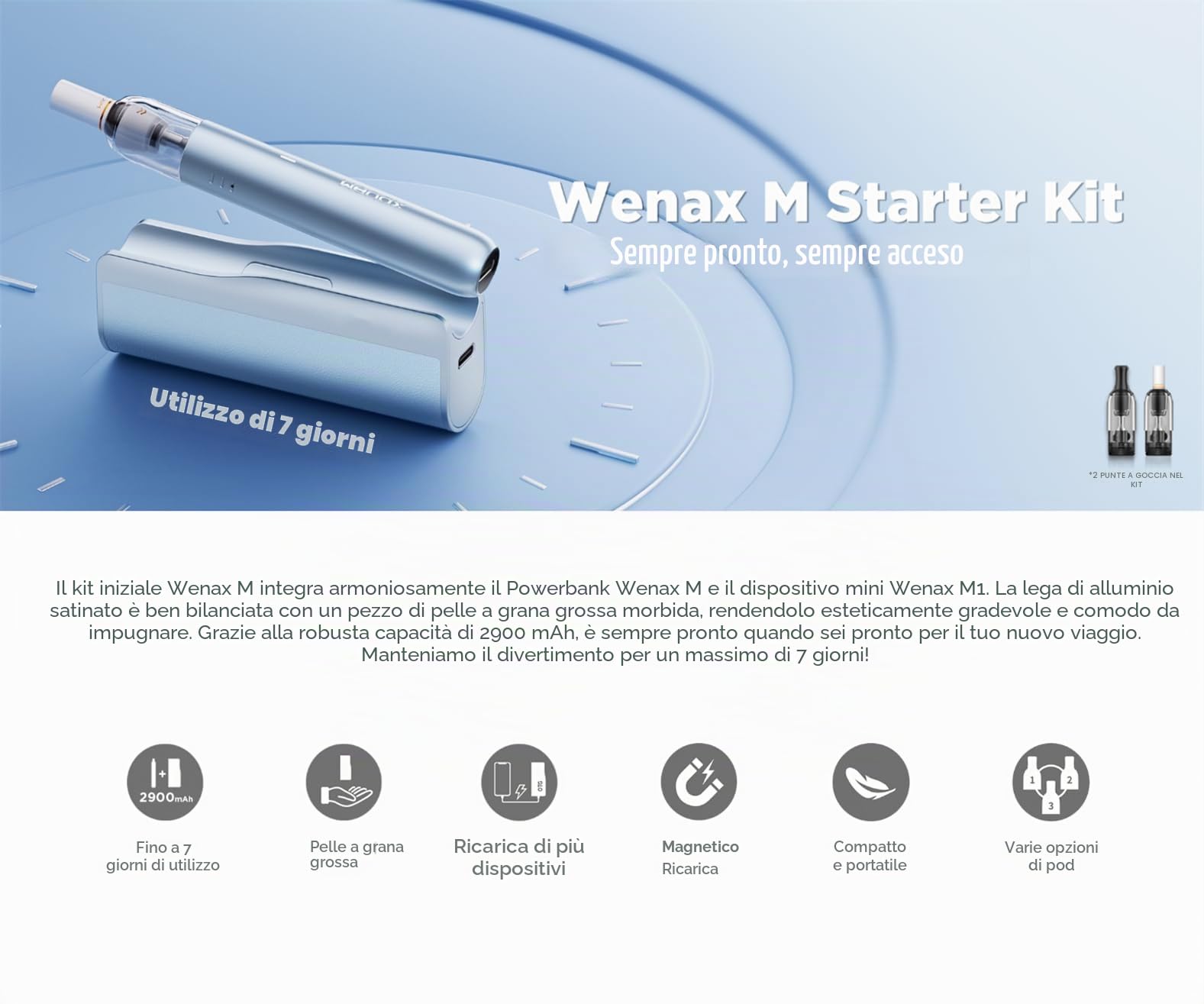 Geek**Vape Wenax M1 Starter Kit Batteria incorporata da 2900 mAh con uscita massima 16 W. Capacità del pod da 2 ml. Adatto per vaporizzatore da 0,8 Ω/1,2 Ω - Senza nicotina