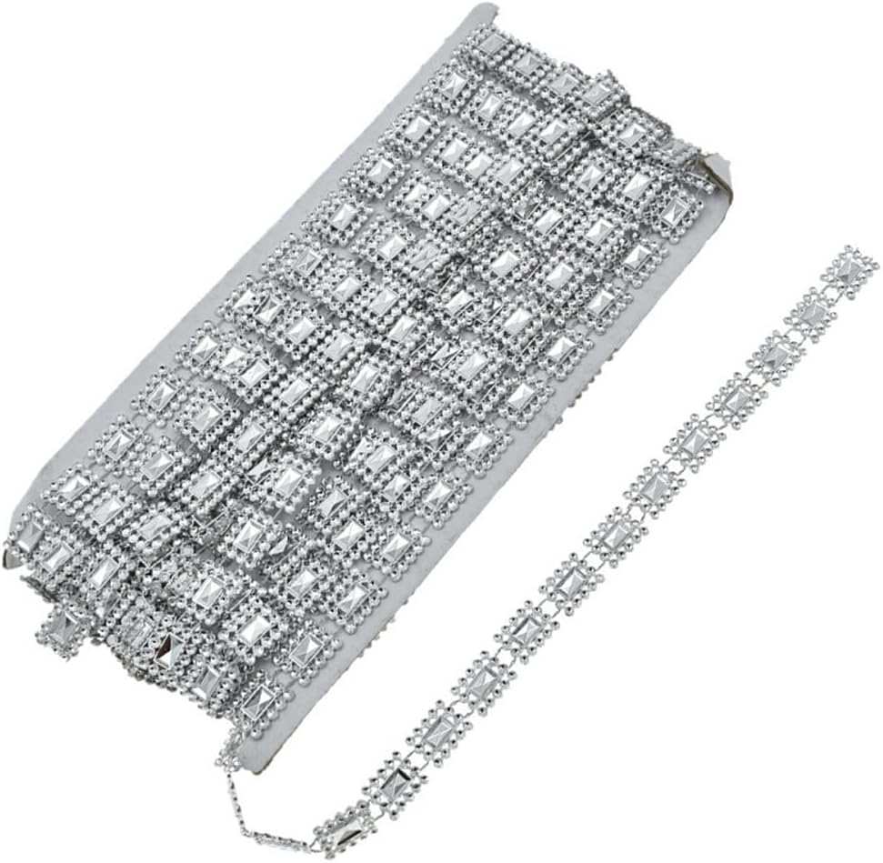 10yards Square Crystal Beaded Chain Ribbon Trim Sewing Applique Decor Silver (Silver 1.2cm Width)