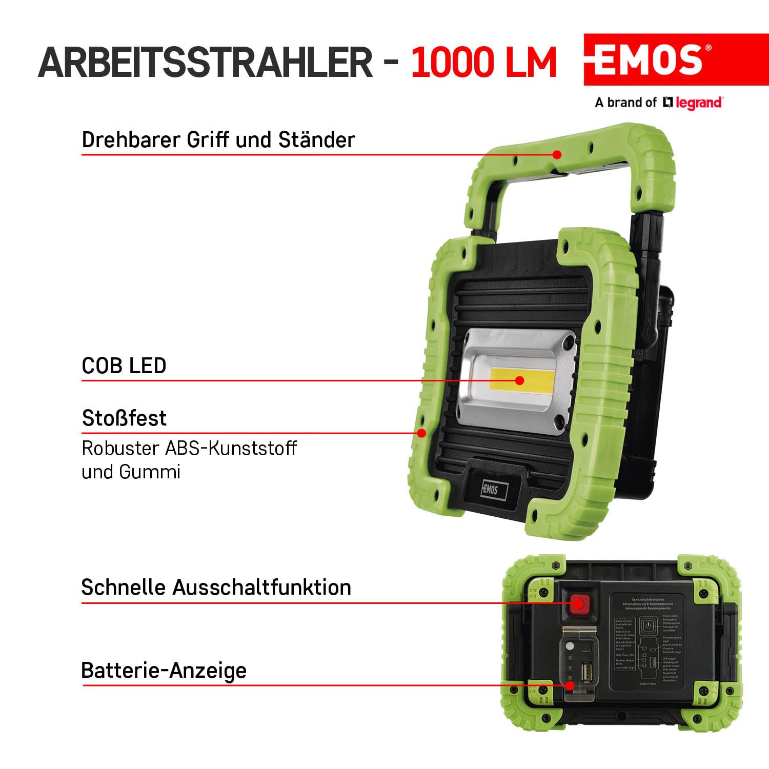 EMOS - Lampe de travail LED rechargeable - Résistante aux chocs et étanche - max. 1000 lm, max. 45 m - 3 modes d'éclairage - 15,5 heures - câble micro USB - IP44 pour l'extérieur - noir/vert