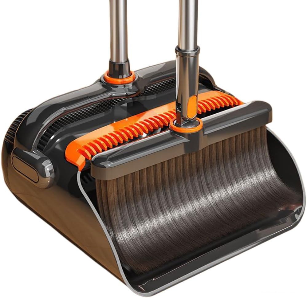 Broom and Dustpan Combo Set - Angle Design Broom and Dust Pan with Built-in Comb Teeth - Upright Stand Up Sweeping Set for Home Kitchen Office Hall Floor