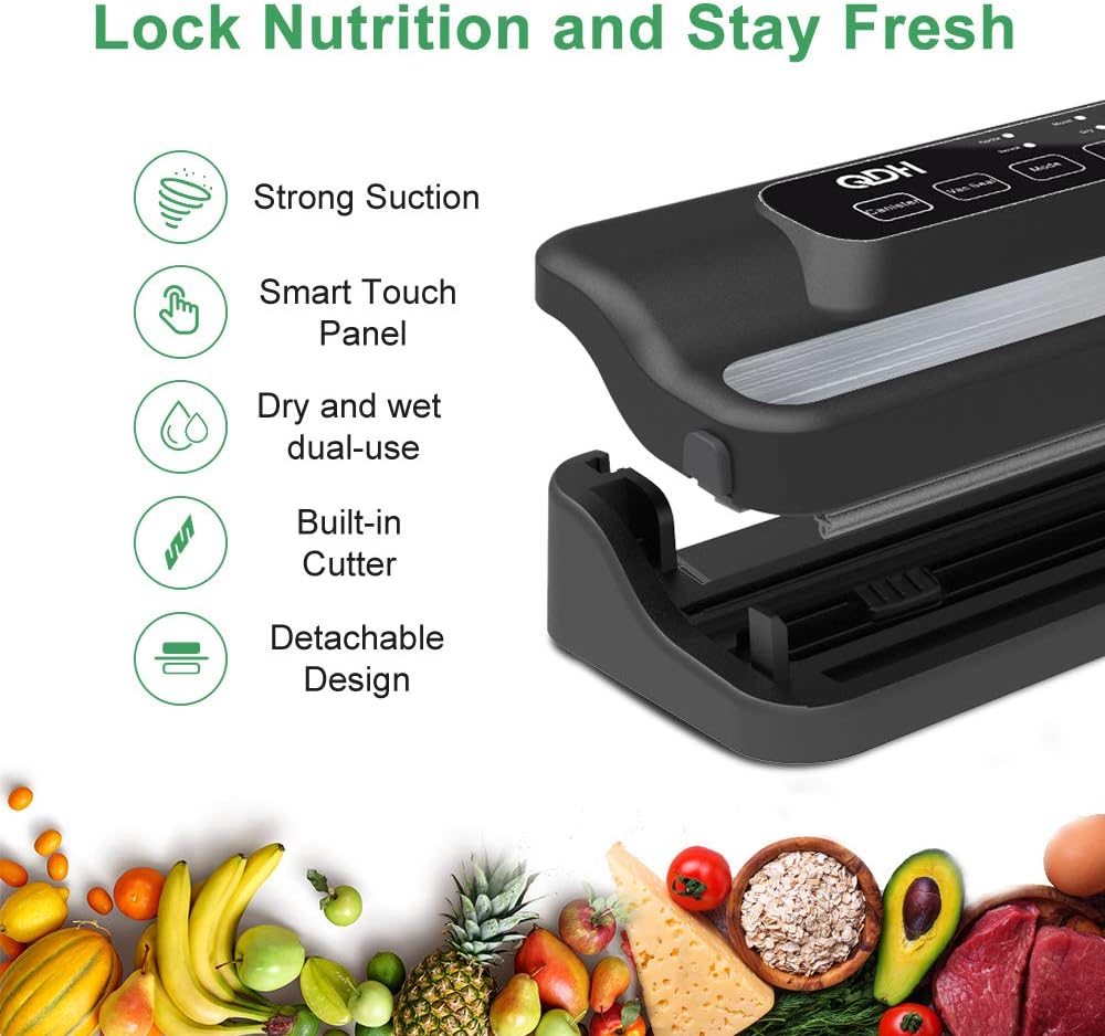 QDH Vacuum Sealer Machine With Built-in Cutter, 95kPa Pro Vacuum Food Sealer, Automatic 5-in-1 Food Sealer Led Indicator Lights,Easy to Clean,Dry & Moist Food Modes,Compact Design (C)