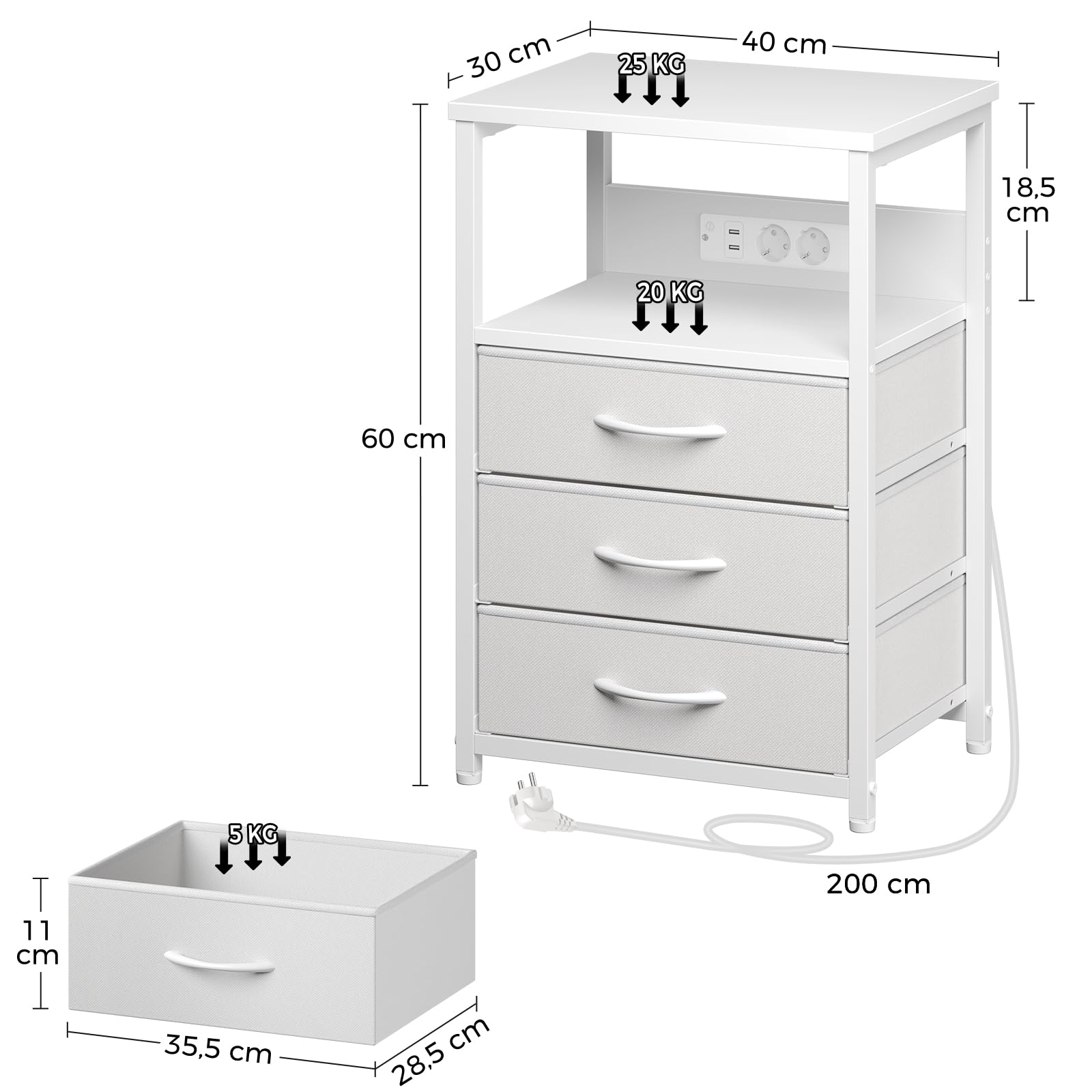 Rolanstar Nachttisch mit LED, Nachtschrank mit 3 Schubladen, Beistelltisch mit Ladefunktion, Platzsparend & Einfach Montiert für Schlafzimmer, Geeignet für Wohnzimmer, Weiß 2pcs