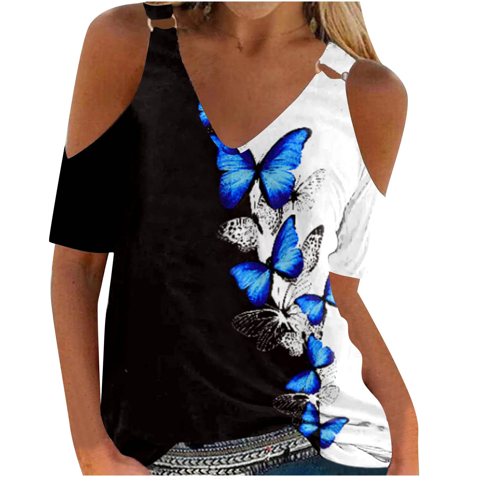 NUSGEAR 2023 Camiseta de Manga Corta Mujer, Moda Verano Impresión Blusa Camisa Cuello en V Camiseta un Hombro Suelto Tumblr Sexy Sudadera Tops Fiesta Casual T-Shirt Original tee Jersey Playa Vacaciones