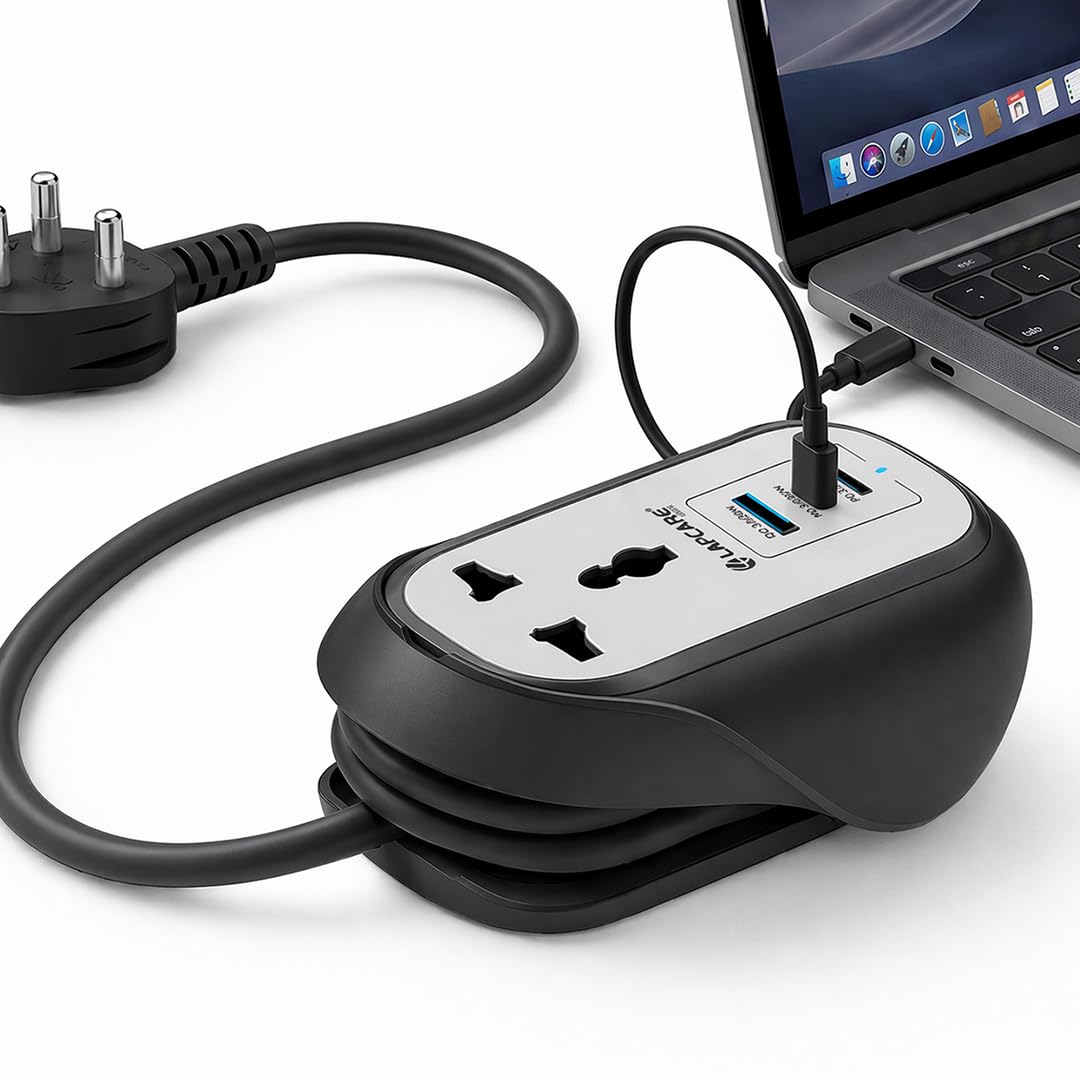 LAPCARE Grip 5-in-1 Desktop Power Strip with 67W GaN Fast Charging, 2 Universal 3 Pin Socket, 2 Type-C PD Ports, 1 USB-A Port, Surge Protection, Fire-Resistant, Compact Power Hub for Home & Office-image-36