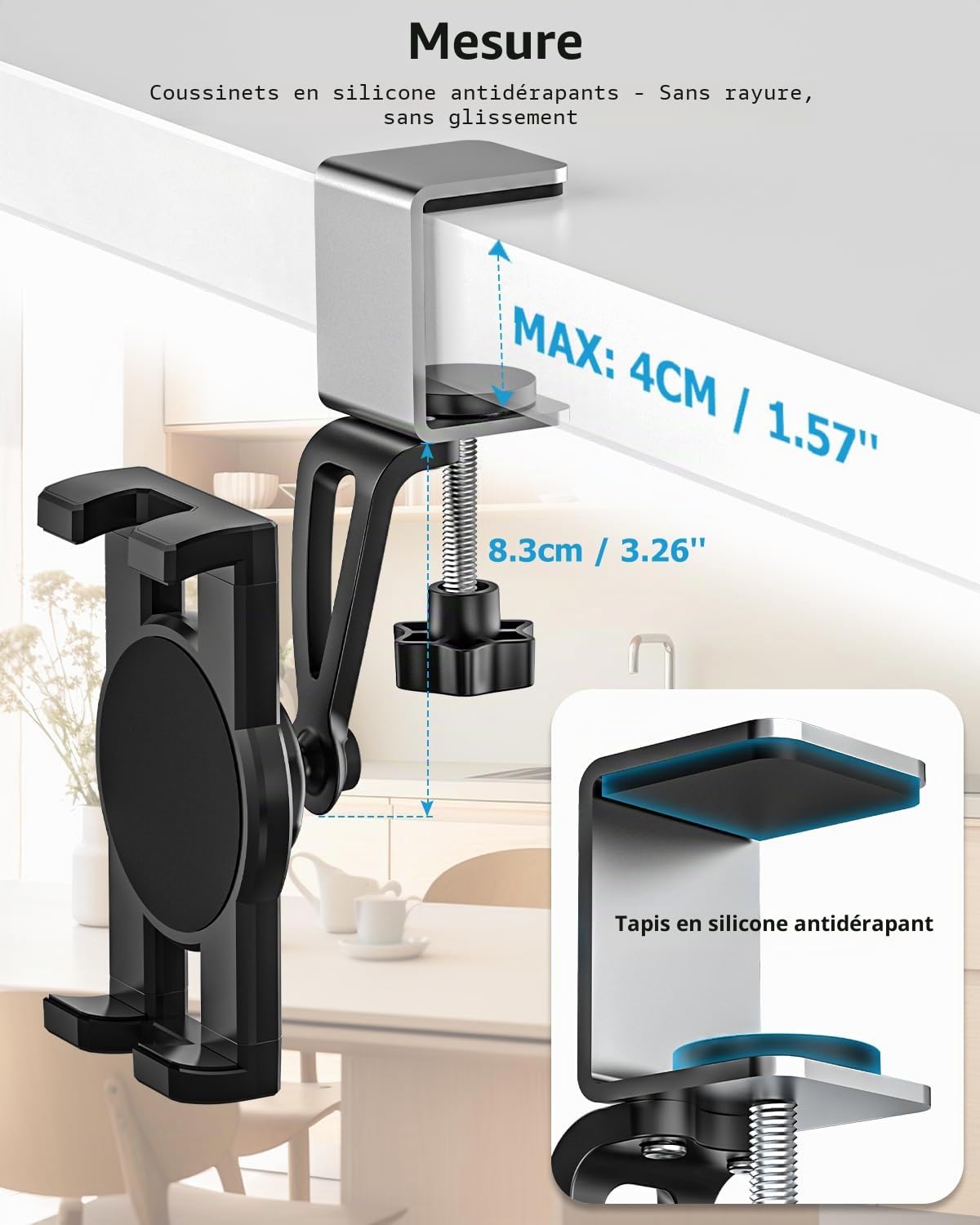 Oilcan Support Tablette Armoire de Cuisine, Porte Tablet Cuisine Salon | Fixation Tablette sous Armoire avec Pince Métallique Réglable pour iPad Mini Air Pro, iPhone, Galaxy, Switch (4-12,9")