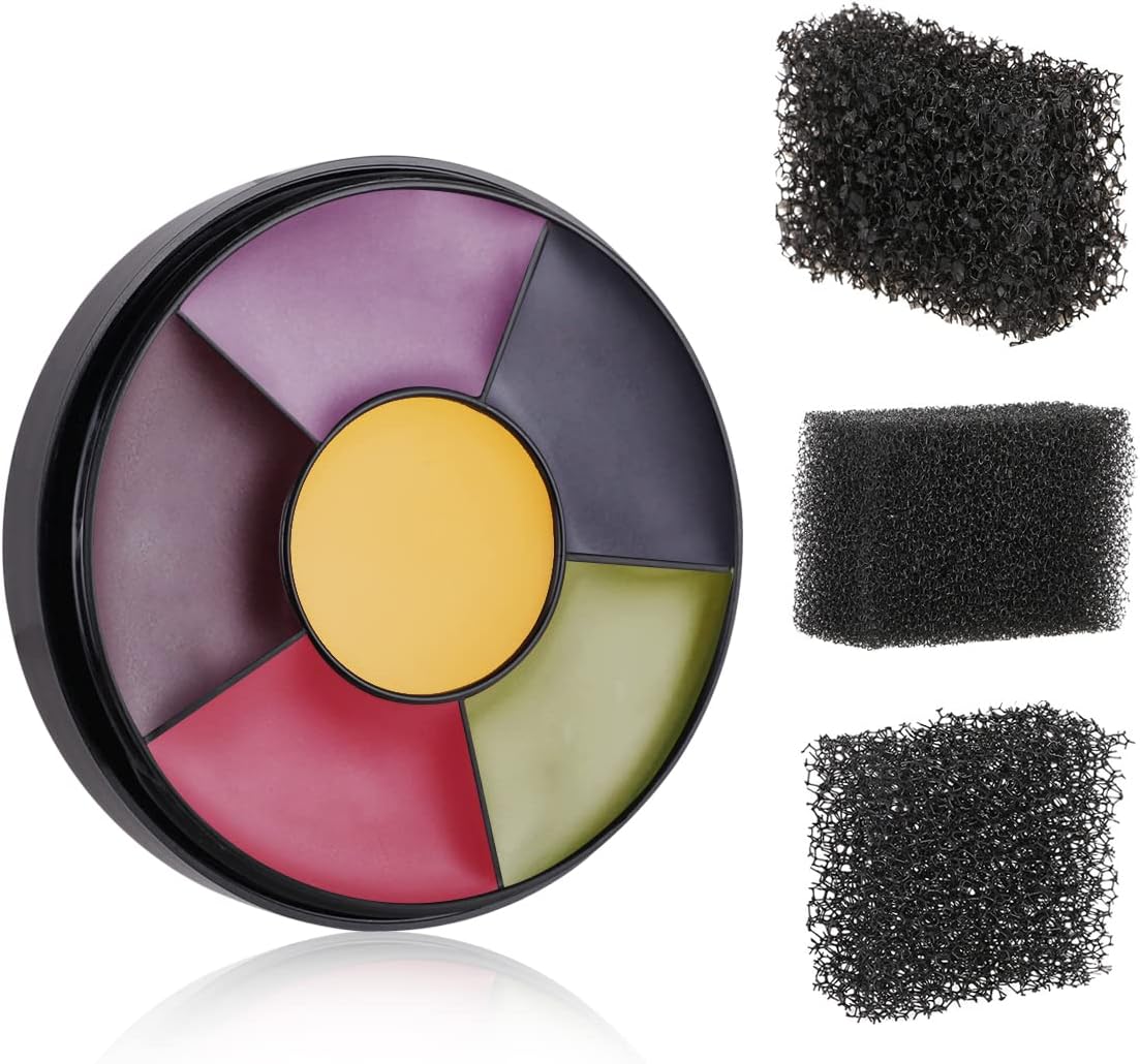 6 Color Bruise Wheel for Special Effects,Hunting Camo Face Body Paint Kit,Light Green Gamora Witch Face Paint,Frost Bite,Trauma SFX Makeup Kit Halloween Makeup with 3pcs Stipple Sponges