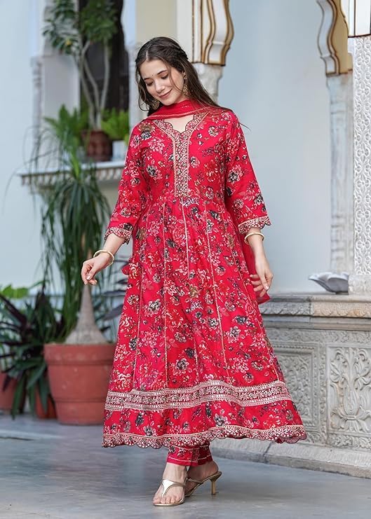 Women's Rayon Anarkali Kurta with Pant & Dupatta Set
