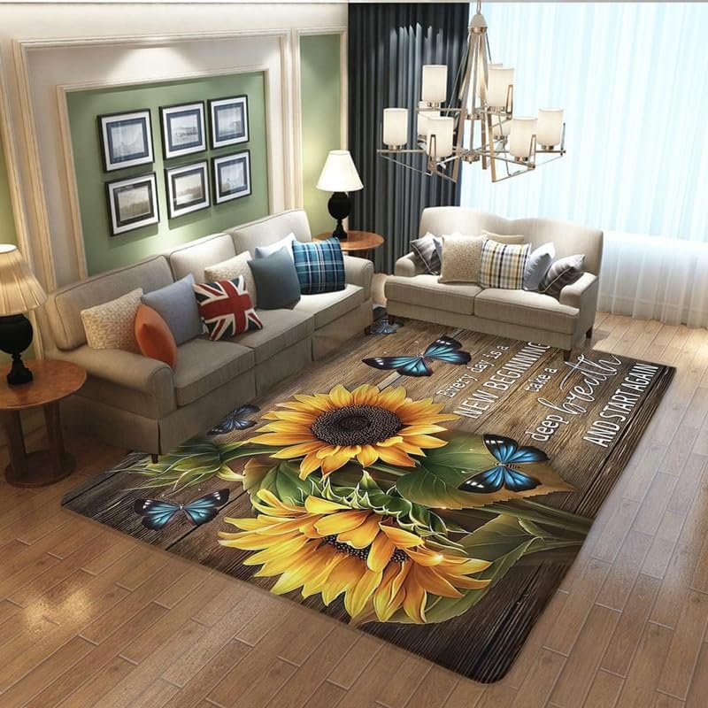 Area Rug,Butterfly Sunflower on Wooden Board Non Slip Mat Area Rug Runners Floor Carpet for Kitchen Bedroom Living Room Children's Room Decoration,Farmhouse Decor 63x94inch