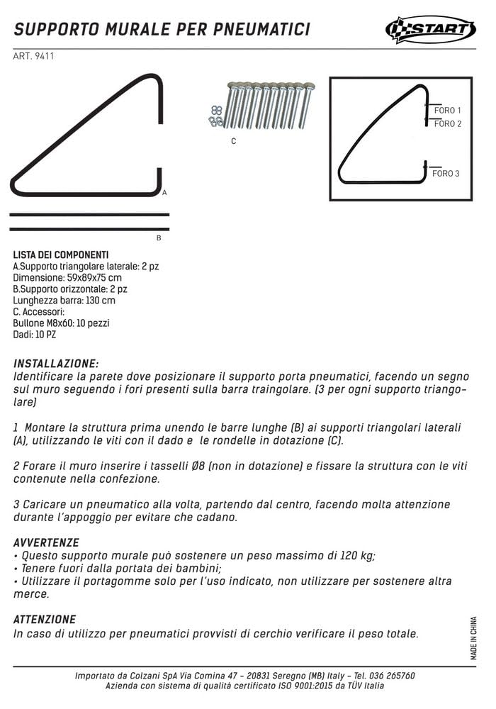 START Supporto in acciaio a parete per pneumatici portata max di 120KG, porta gomme per garage, misure 130x75x59 cm, ideale per il cambio gomme