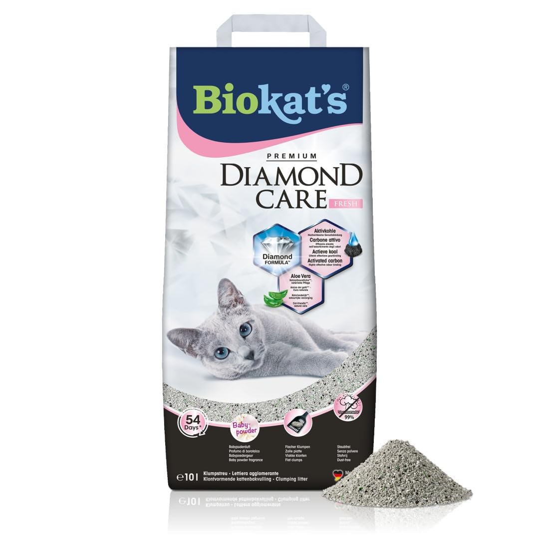 Biokat's Diamond Care Fresh Katzenstreu mit Babypuder-Duft - Feine Klumpstreu aus Bentonit mit Aktivkohle und Aloe Vera - 1 Sack (1 x 10 L)