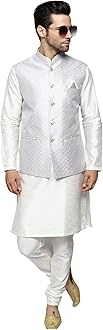 Uri and MacKenzie Men's Silk Blend Regular Kurta Churidar Pyjama with Bundi Nehru Jacket/Waistcoat