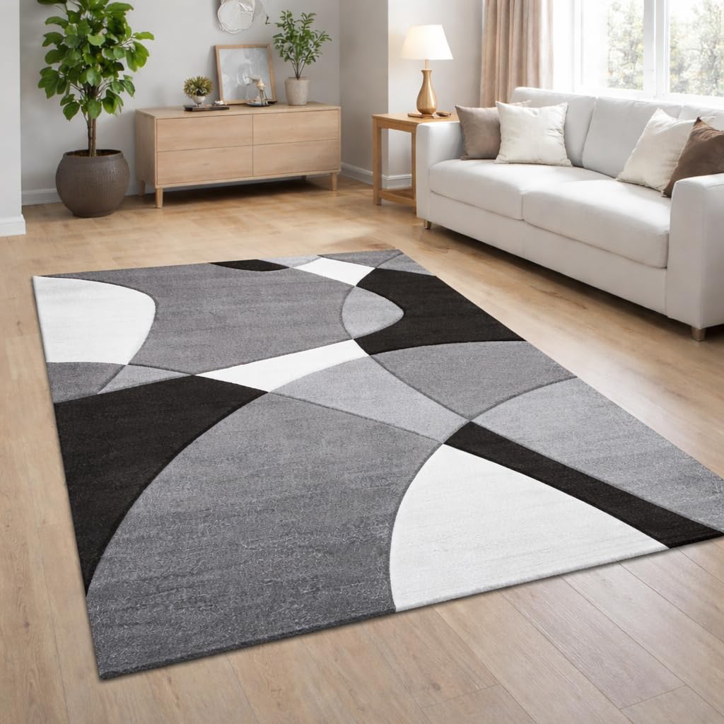 Paco Home Modern Area Rug with Artful Pattern in Black and White with Contour Cut, Size: 7'10" x 10'10"