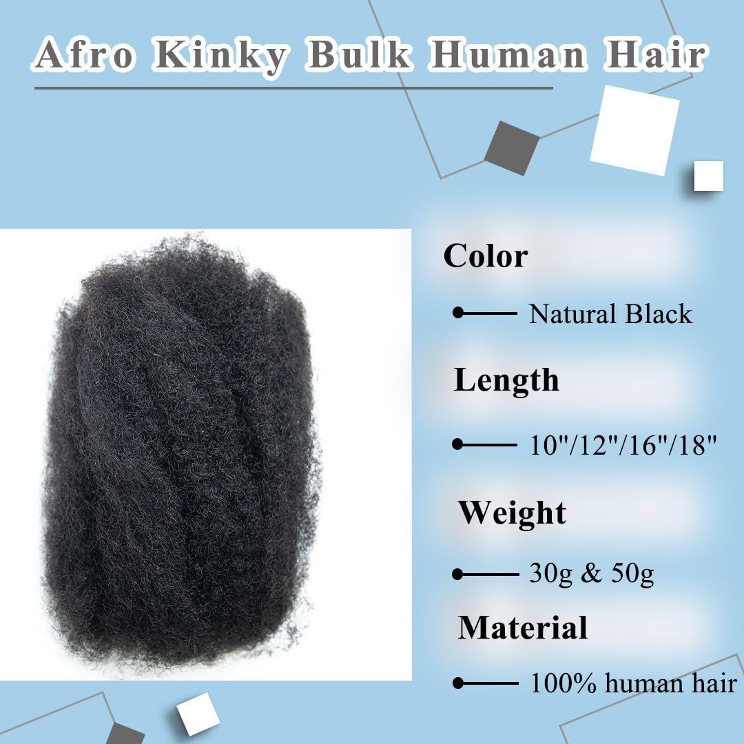 Afro Kinkys Bulk Human Hair Extensions Maroochin 100% Human Hair for Mini Twist, Braids, Dreadlocks, Loc Extensions 50g 18" #1B