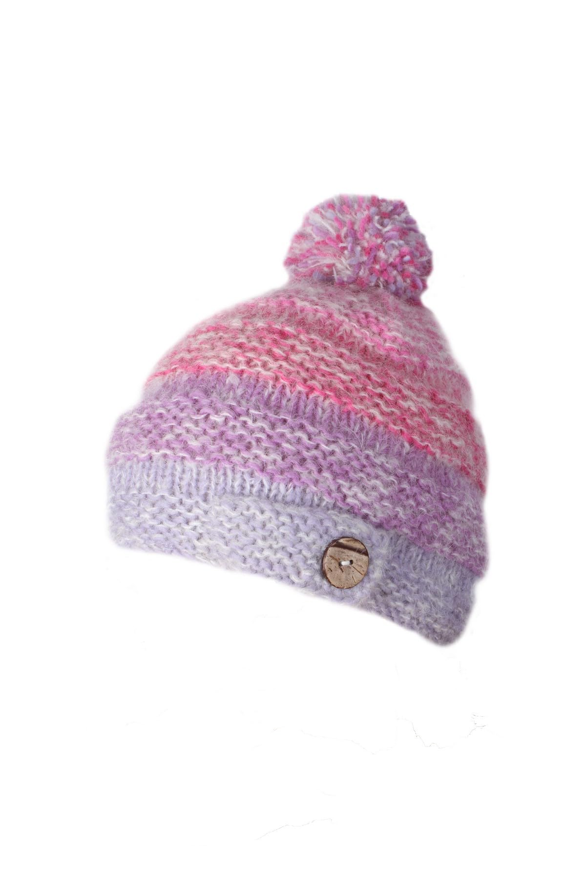Pachamama Women Wool/Mohair Beanie Bobble Hat Sherpa Fleece Lined Handknitted Pink One-Size Handmade Extra Warm Fair Trade
