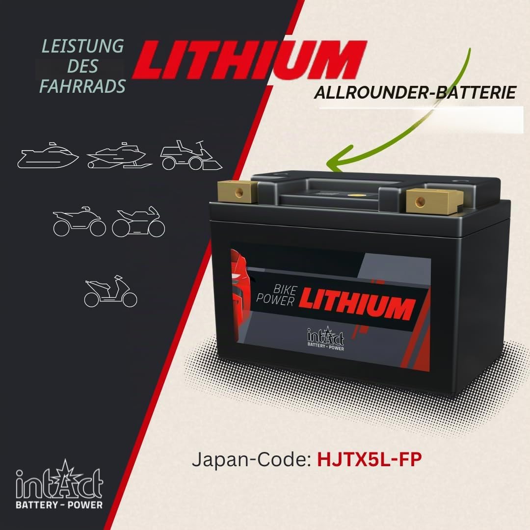 intAct - LITHIUM MOTORRADBATTERIE | Batterie für Roller, Motorrad uvm. Bis zu 75% Gewichtseinsparung | Bike-Power LI-08, HJTX5L-FP, 12,8V Batterie, 1,6AH (c10), 19Wh, 95A (CCA) | Maße: 113x70x85mm