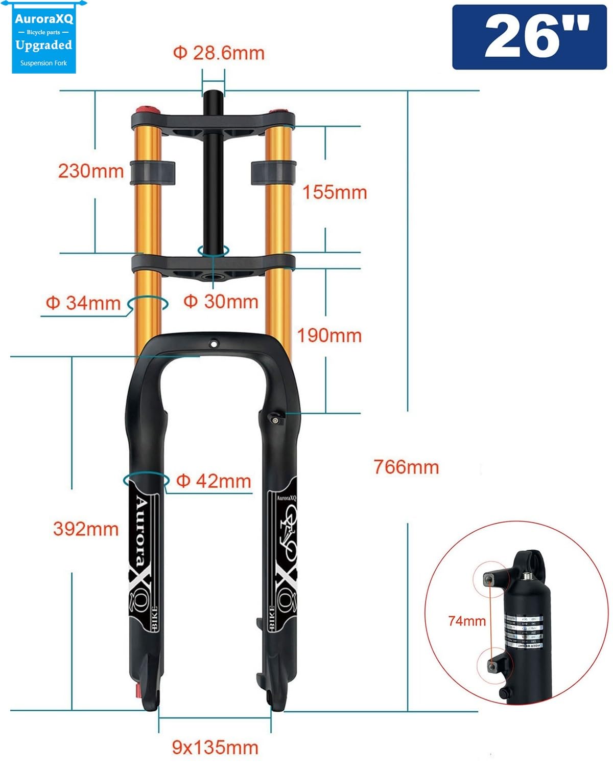 AuroraXQ Amortyzator Rowerowy Powietrzny 190mm Skok | Widełki Fat Tire 26x4.0 | Podwójna Korona | do E-Bike, MTB, Rowerów Śniegowych I Plażowych(Złoto,26 cali)