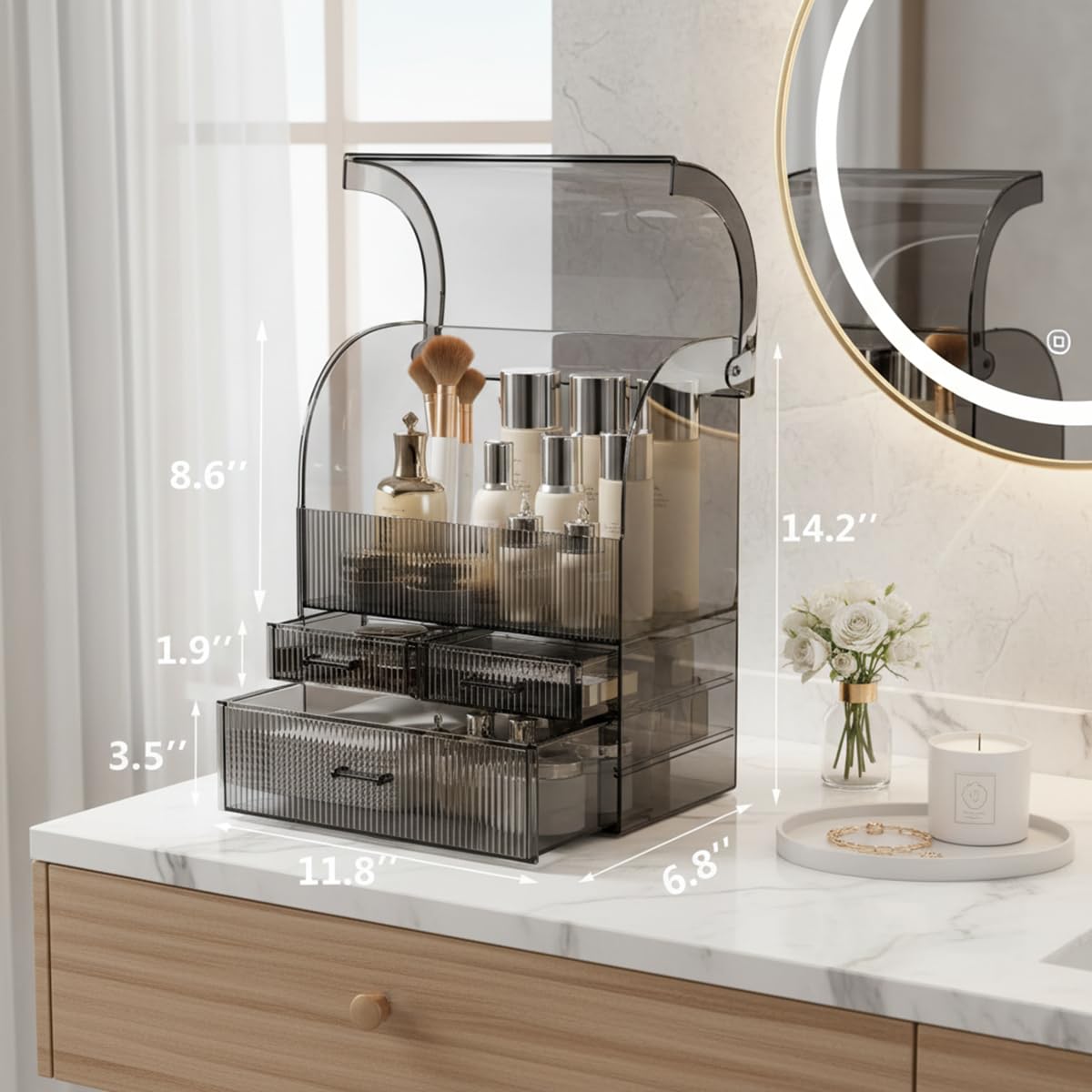 Kosmetische Aufbewahrungsorganisator, Acryl Make-up Organizer mit Deckel Staub wasserdicht, Hautpflege Kosmetik-Display Case mit 3 Schubladen für Schlafzimmer, Clear Schwarz (30 cm L x 17 cm B