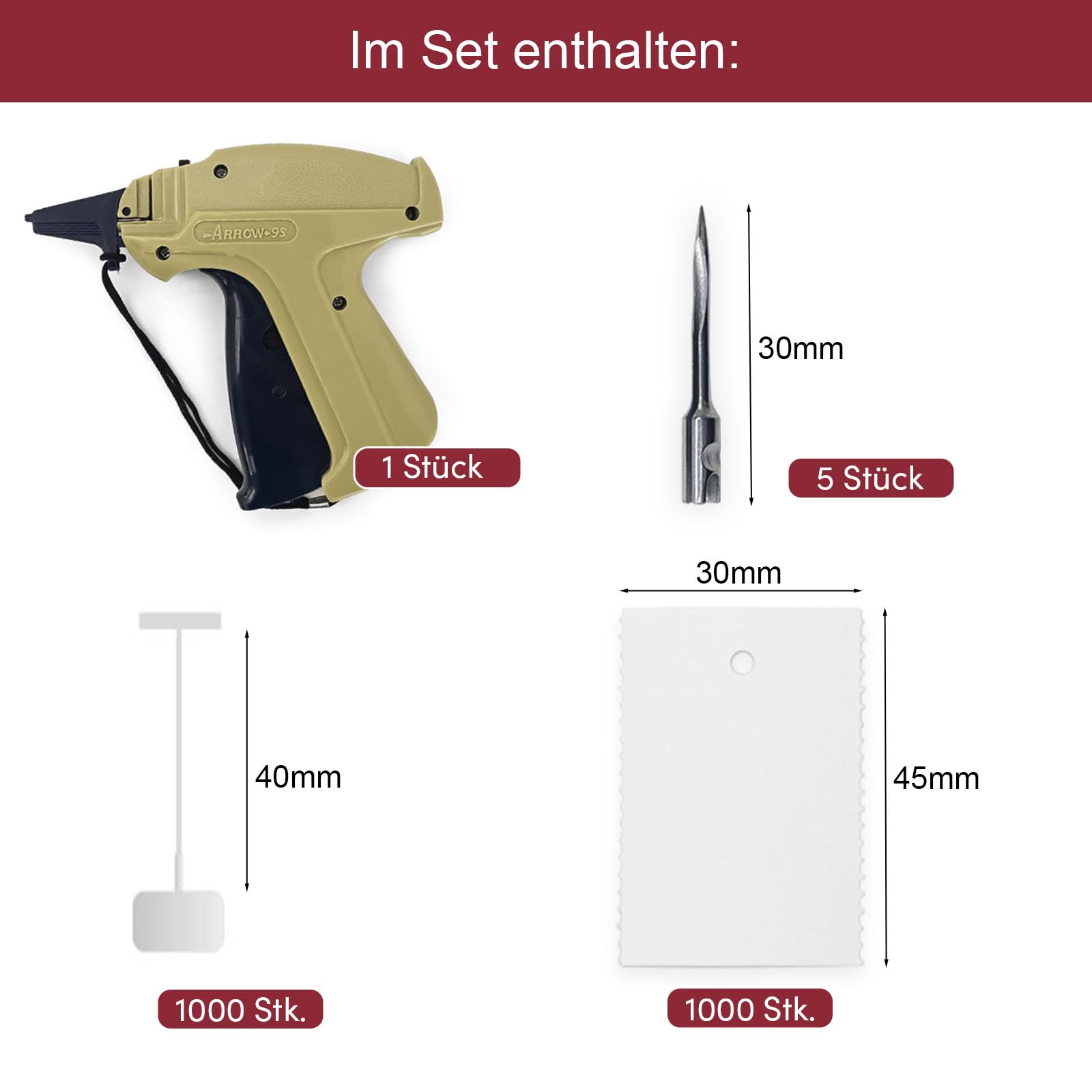 Heftpistole - Etikettierpistole ARROW 9S + 5 Ersatznadeln + 1.000 Kartonetiketten Etiketten 30x45 mm + 1.000 Heftfäden Standard (40mm Heftfäden)
