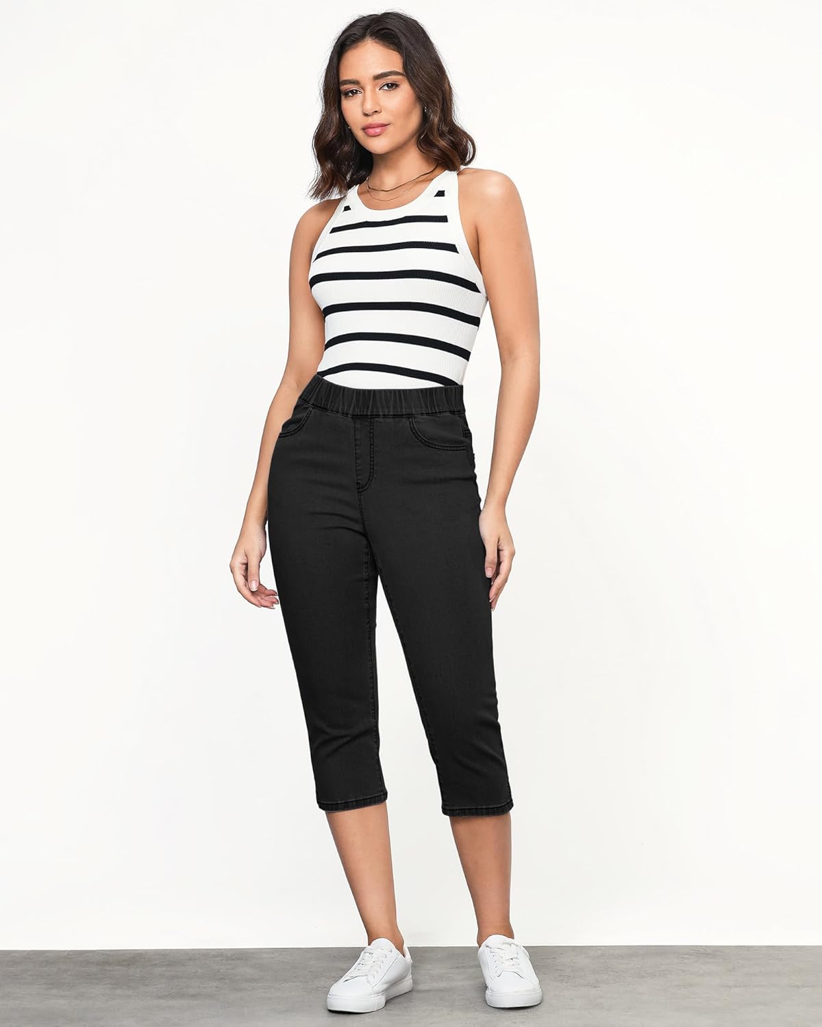 GRAPENT Capris Jeans for Women High Waisted Trendy Pull On Elastic Waist Split Hem Skinny Stretchy Denim Capri Pants - Image 2