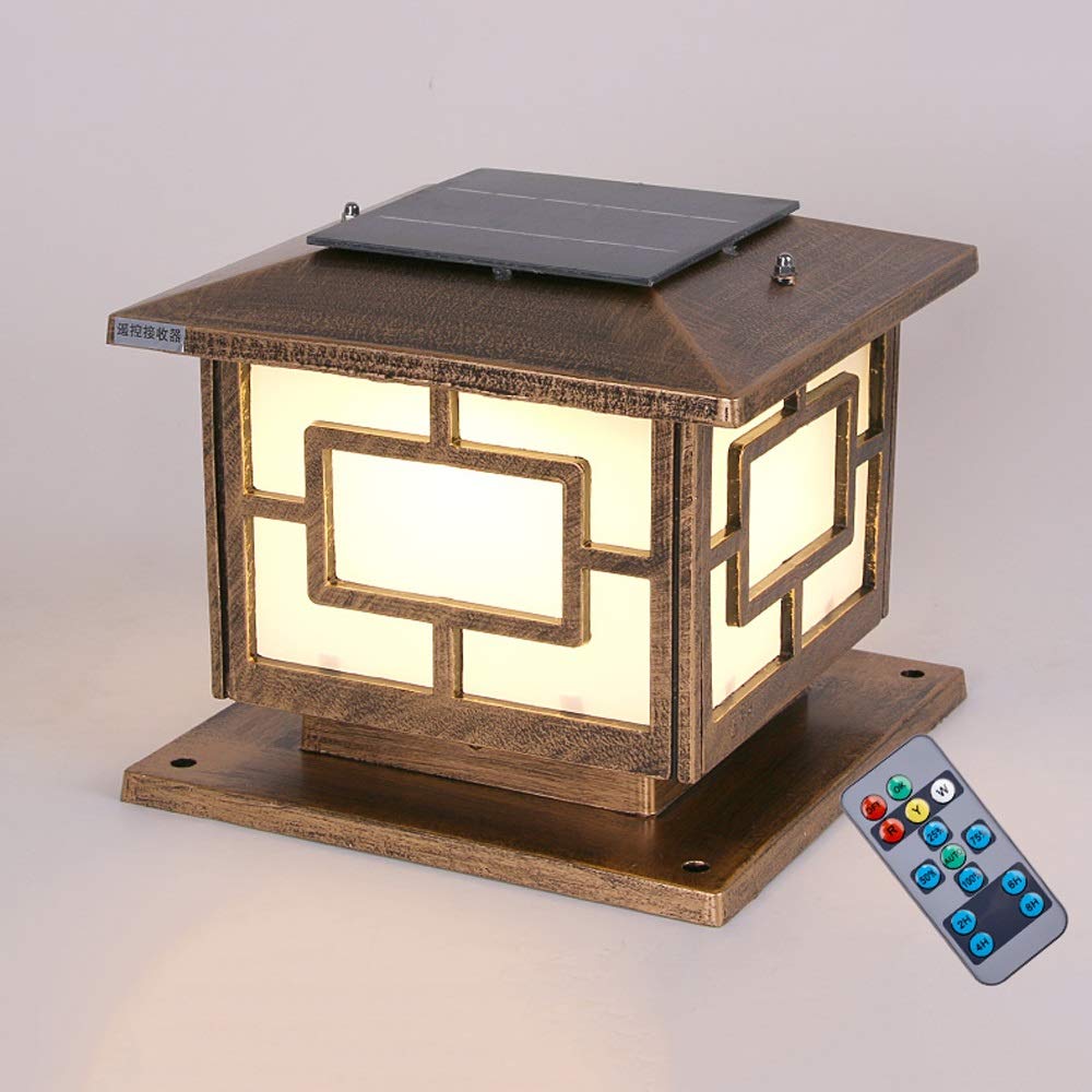 Lampe solaire extérieure rétro vintage IP65 étanche paysage LED lampadaire rue pelouse lanterne en verre en aluminium vitrine patio porche colonne lampe avec intelligent, lumière blanche-or 30 cm