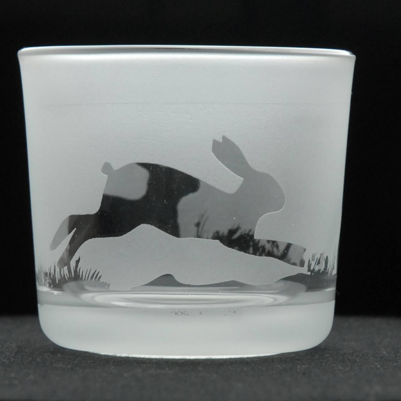 Animo Glass Votive Tea Light Candle Holder, Frosted Etched Glass Holders with Rabbit Design - Clear Tealight Candle Holder Birthday Gift - Woodland Home Decor Hare