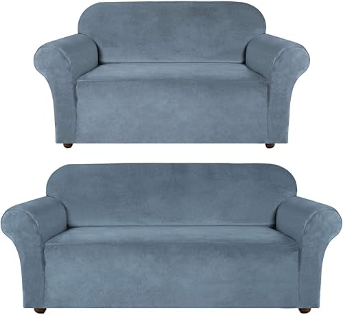 Miniatura 1 de Turquoize Paquete de funda de terciopelo para sofá de dos plazas, de alta elastano, fundas de descanso, fundas de sofá, color azul piedra