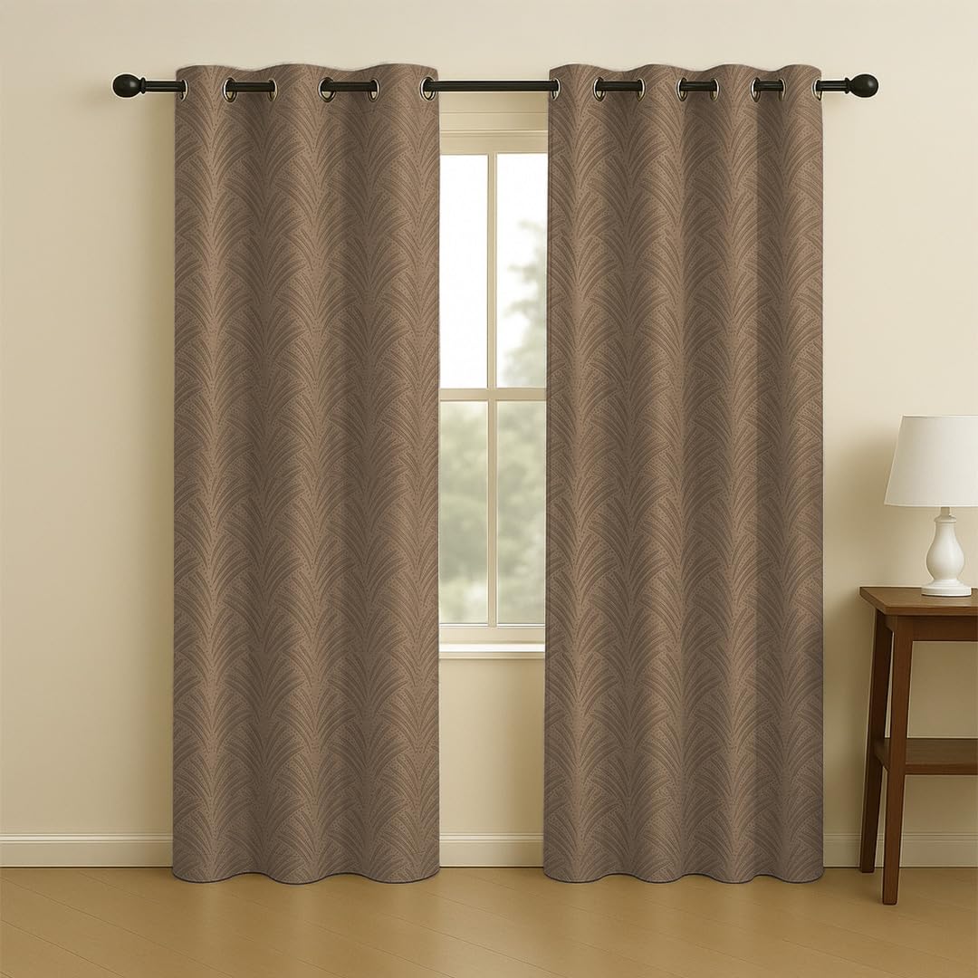 LINENWALAS 100% True Blackout Curtains 5 Feet Long - 2 Panel, Fern Design Complete Light Block Thermal Insulated & Noise Reducing Room Darkening (Brown Fern)