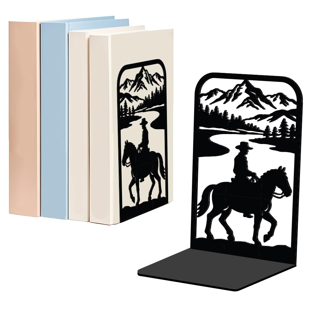 WADORN 1 Pair Western Cowboy Metal Bookends for Shelves Decorative, Heavy Duty Decorative Book Ends Non-Skid Black Book Stopper Western Decor for Home Living Room Library Office, 5.3x4.3x7.9 Inch