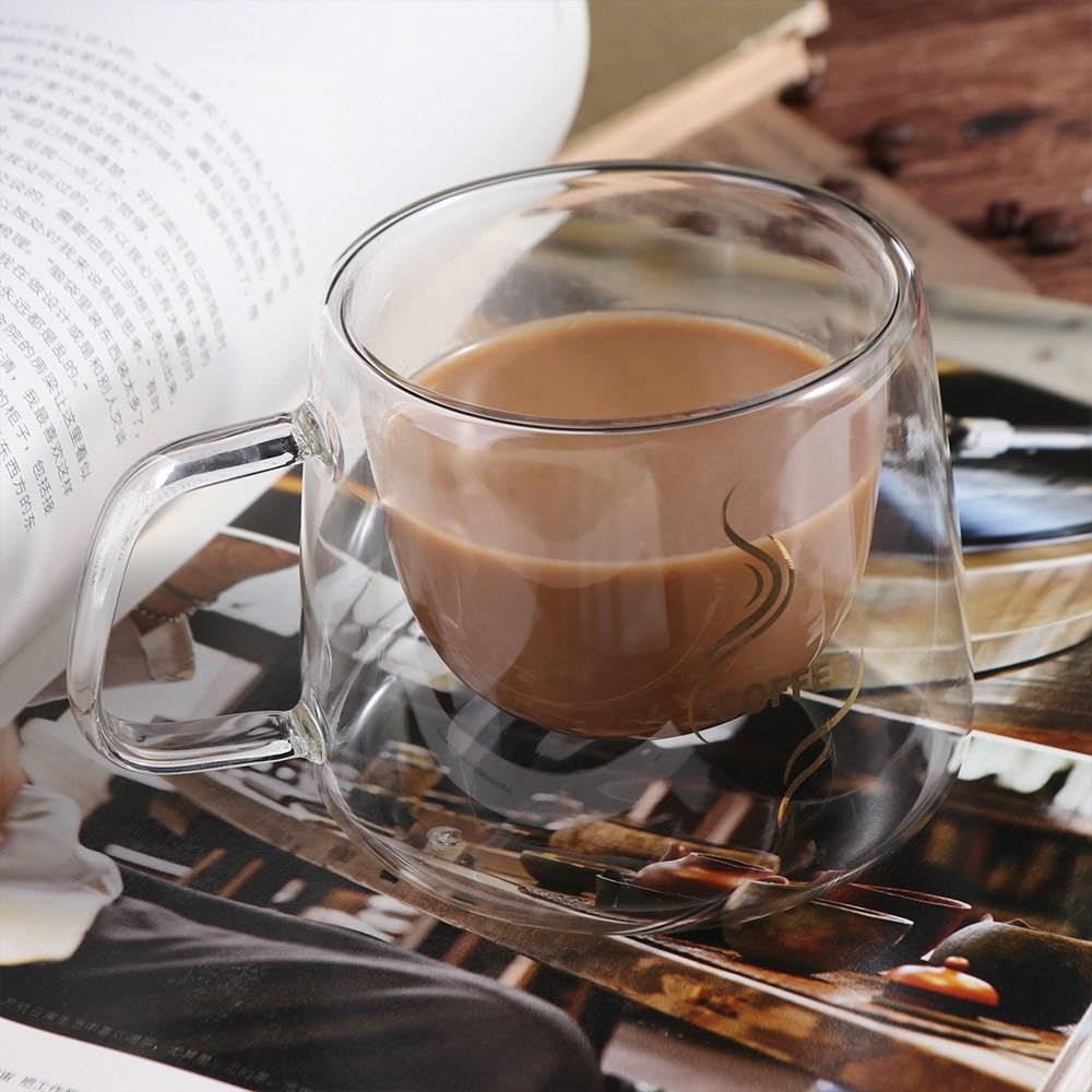 Amazon.com: 200 ML Glass Coffee Mugs, Double Wall Insulated Glass Mugs with  Handle Heat-Resistant Tea Cup Perfect for Espresso, Latte and  Cappuccinos(B) : Home & Kitchen