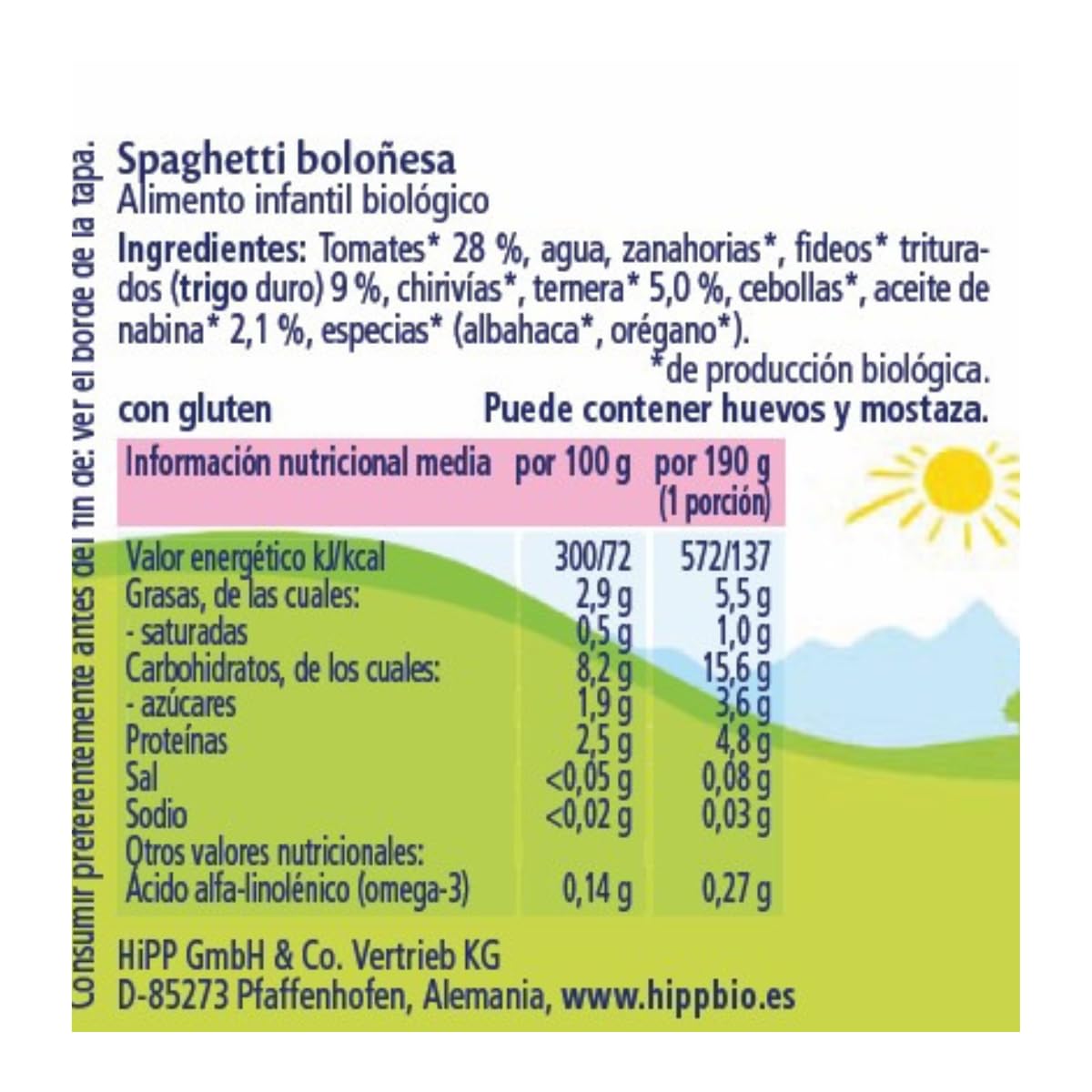 HiPP Biológico - Tarrito De Spaghetti Boloñesa BIO - Menú Bebé - 190g - Ingredientes de Producción Ecológica - A Partir de 6 Meses